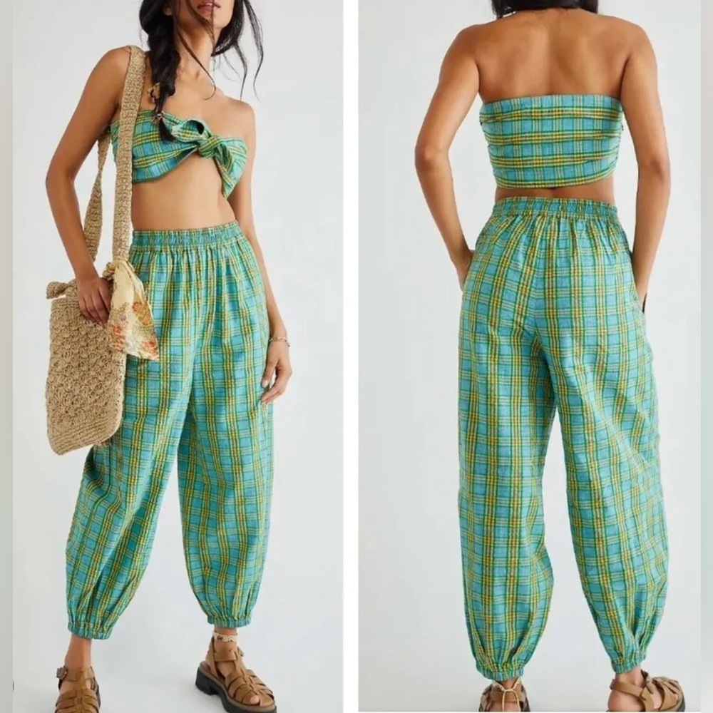 Free People plaid green, yellow, and blue pant set NWOT